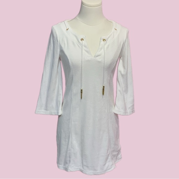 VTG Y2K Juicy Couture White Terry Cloth Mini Dress Beach Cover up 3/4 Sleeves - Picture 1 of 10